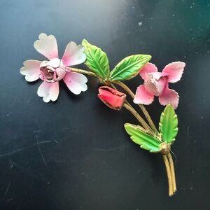 Pink Floral Brooch with Green Enamel Leaves made in Austria